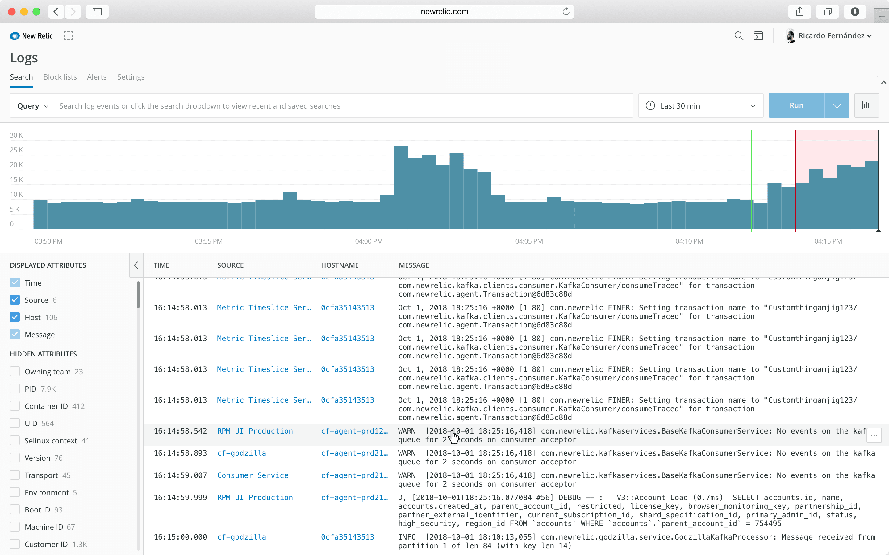 New Relic Logs — log line hover interaction, later iteration